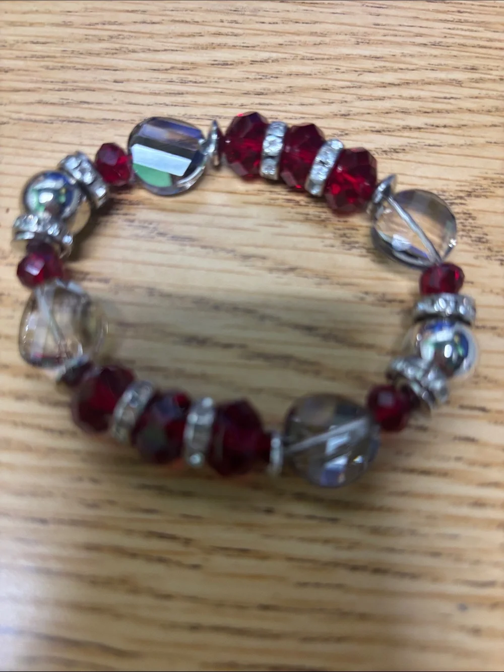 Unbranded Red & Iridescent Stretch Beaded Bracelet with Rhinestone Accents